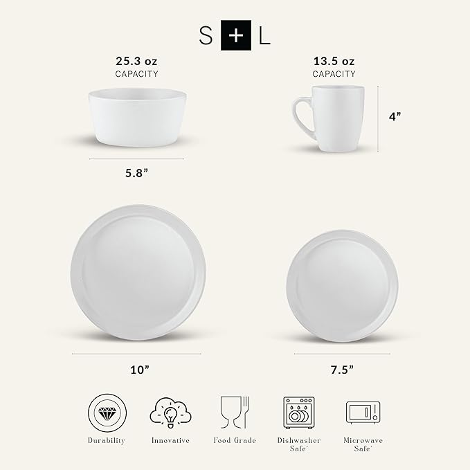 Stone Lain Albie Stoneware 16 Piece Modern Dinnerware Set, Plates and Bowls Sets, Service for 4, White Speckled, Microwave & Dishwasher Safe