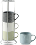 HASENSE 12 OZ Coffee Mugs Set of 4, Stackable Ceramic Coffee Mugs with Metal Stand, Embossed Coffee Cups for Latte, Cappuccino, Mocha, Cocoa, Hot Tea and Milk, Multi Color
