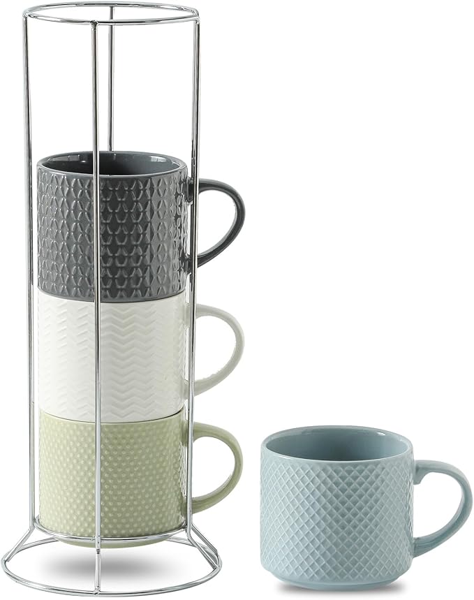 HASENSE 12 OZ Coffee Mugs Set of 4, Stackable Ceramic Coffee Mugs with Metal Stand, Embossed Coffee Cups for Latte, Cappuccino, Mocha, Cocoa, Hot Tea and Milk, Multi Color
