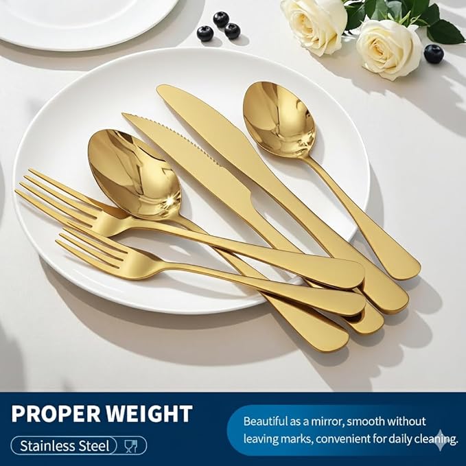 GPY Gold Silverware Set with Steak Knives, 36-Piece Stainless Steel Flatware Set Service for 6, Titanium Plated Gold Cutlery with Mirror Finish, Dishwasher Safe for Wedding, Party & Gift