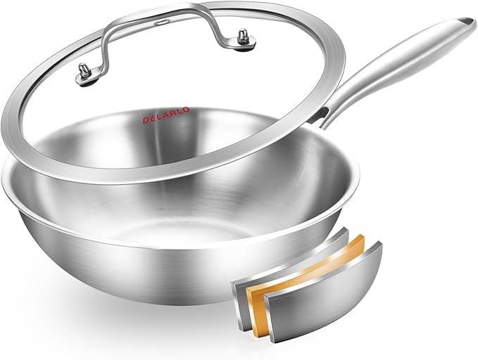 DELARLO Whole Body Tri-Ply Stainless Steel Wok 9.45 inch, Deep Kitchen Stir-Fry Pan, Small Wok Pan with Lids, Induction Mini wok, Suitable for All Stove, Up to 650℉, Detachable Handle