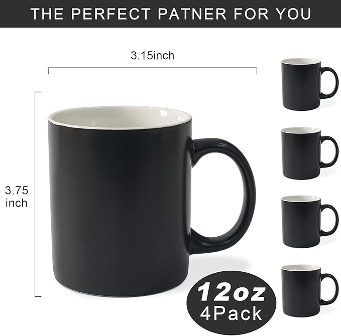12 oz Cup Plain Gloss Black Ceramic Coffee Mug Set of 4 for Milk, Tea, Glazed Porcelain Cups with handle for Home Office, Dishwasher & Microwave Safe