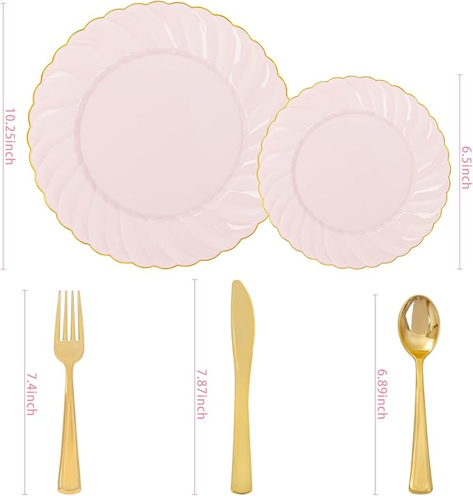 YOUBET 125Pcs Pink Plastic Plates with Gold Rim - Scalloped Plastic Plates Set Includes 25 Dinner, 25 Dessert Plate, 75 Gold Silverware for 25Geusts for Wedding Birthday Baby Shower Mothers Day