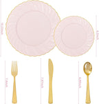 YOUBET 125Pcs Pink Plastic Plates with Gold Rim - Scalloped Plastic Plates Set Includes 25 Dinner, 25 Dessert Plate, 75 Gold Silverware for 25Geusts for Wedding Birthday Baby Shower Mothers Day