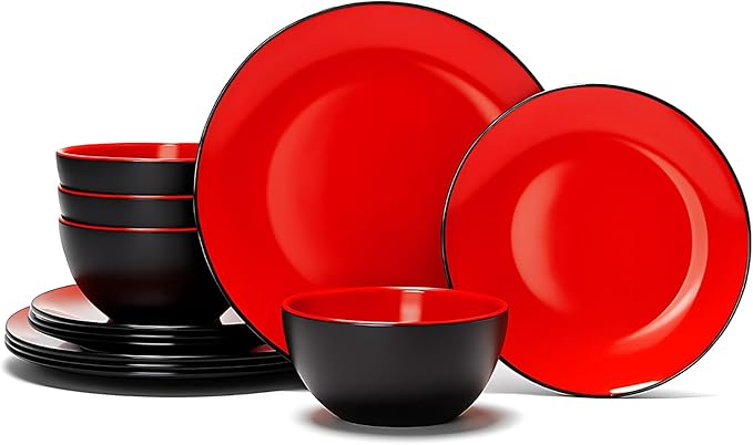 TP 12-Piece Melamine Dinnerware Sets, Plates and Bowls Dishes Set for 4, Break-Resistant & Non-Microwavable, Lightweight Dinner Plates, Matt Black and Red