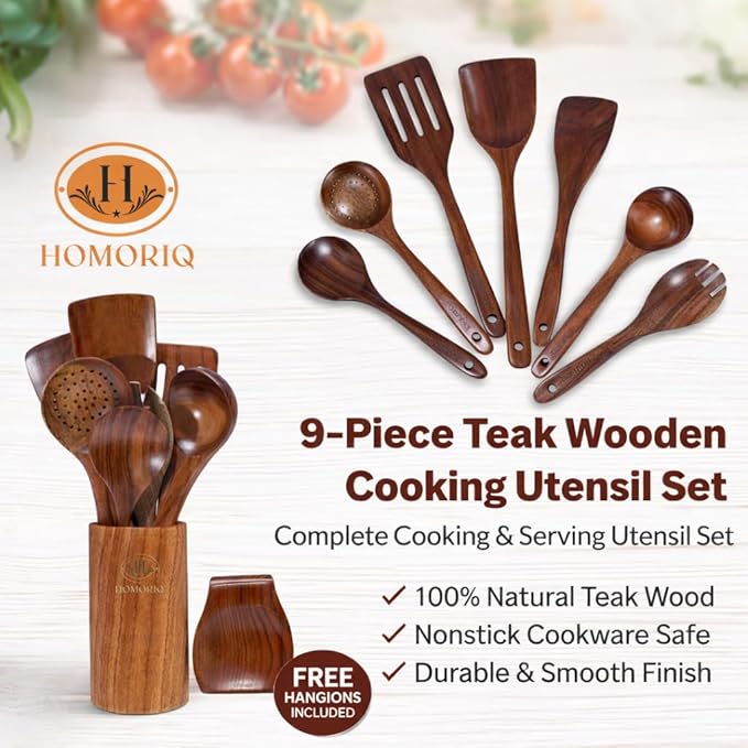 9 Piece Premium Teak Wooden Cooking Utensils Set- Spoons and Spatulas with Holder and Spoon Rest, Heat-Resistant, Non-Stick Safe, Lightweight Kitchen Tools (9)
