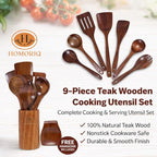 9 Piece Premium Teak Wooden Cooking Utensils Set- Spoons and Spatulas with Holder and Spoon Rest, Heat-Resistant, Non-Stick Safe, Lightweight Kitchen Tools (9)