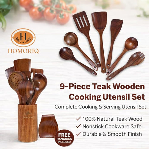 9 Piece Premium Teak Wooden Cooking Utensils Set- Spoons and Spatulas with Holder and Spoon Rest, Heat-Resistant, Non-Stick Safe, Lightweight Kitchen Tools (9)