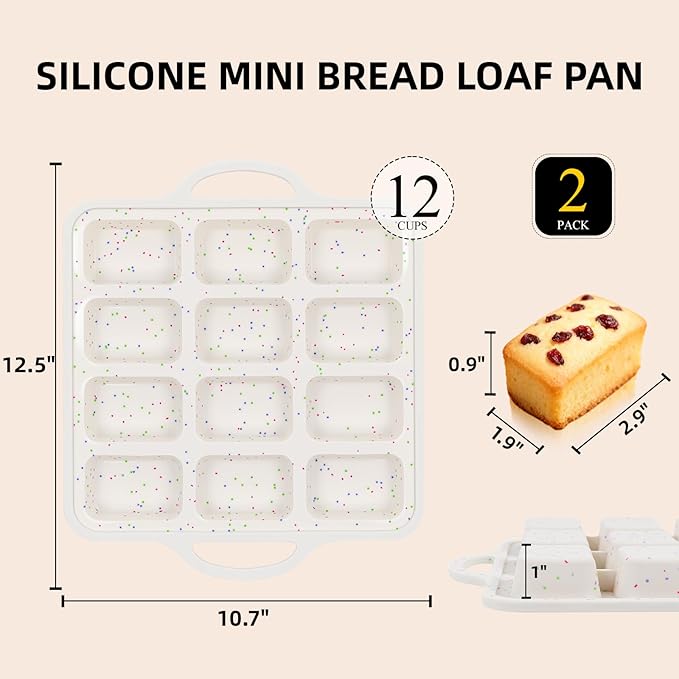 FUNBAKY Silicone Mini Loaf Pans with Metal Reinforced Frame,12-Cavity Nonstick Mini bread loaf pans for Baking Cornbread,Bread,Brownie,Cheesecake -2Pcs