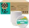 JINVOGREEN 500 Count 12 oz Paper Bowls, Disposable Compostable Bowls Bulk, Heavy Duty Biodegradable Bagasse Bowl for Snacks, Soup, and Salads, White