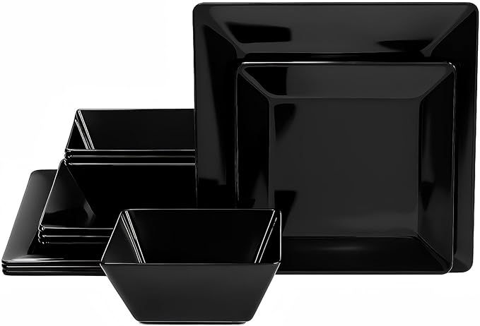 TP 12-Piece Melamine Dinnerware Sets, Plates and Bowls Dishes Set for 4, Break-Resistant & Non-Microwavable, Lightweight Square Dinner Plates, Black