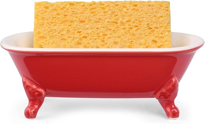 6.5" Ceramic Mini Decorative Clawfoot Bathtub Bar Soap Dish, Kitchen Sponge Holder and Shower Tray for Bathroom, 1 Pack(Chili)
