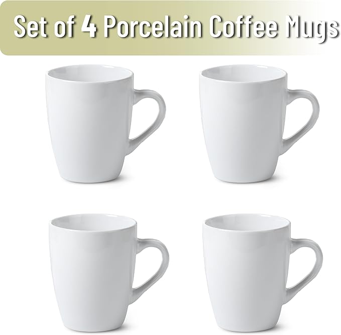 BTaT- Porcelain Coffee Mugs Set, 12 Ounces, 4 Pack, White Ceramic Coffee Mugs with Handle, Restaurant Cups for Mocha, Tea, Cappuccino, Cocoa, Cereal, Mug Gift Set, Dishwasher and Microwave Safe