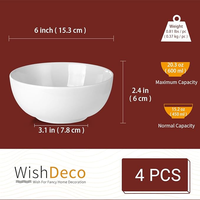 WishDeco Cereal Bowls Set of 4, White Soup Bowls 20 oz, Ceramic Breakfast Bowl 6 Inch, Kitchen Bowl for Salad, Pasta, Ramen, Oatmeal, Noodle, Rice, Microwave and Dishwasher Safe