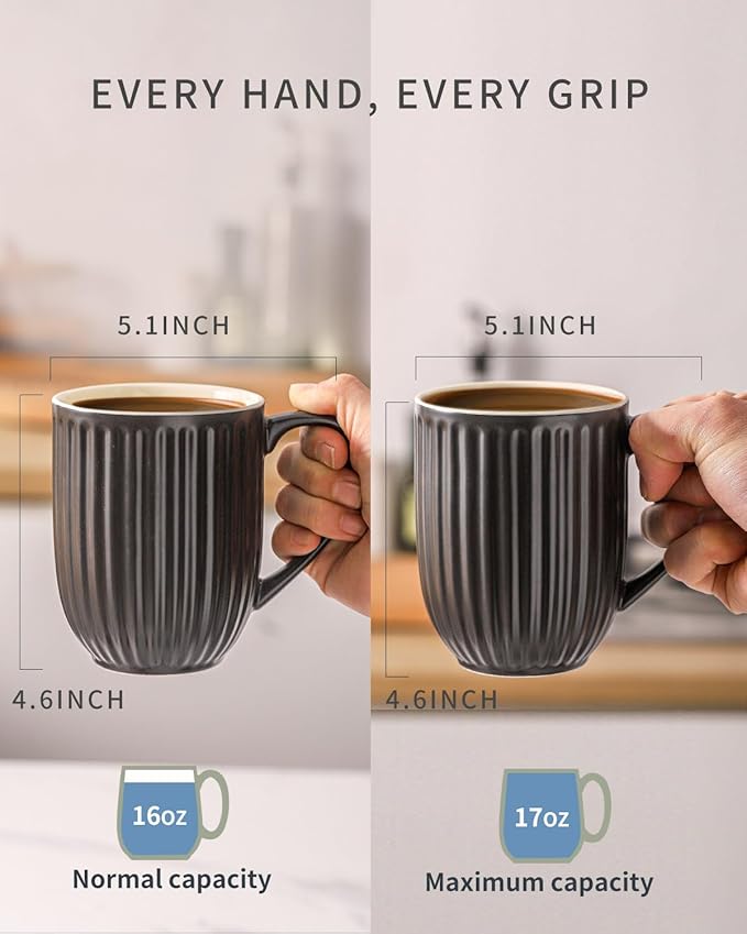 HASENSE 16oz Ceramic Coffee Mugs Set of 4, Black Ribbed Latte Cups with Large Ergonomic Handle, Modern Lightweight, Great for Coffee, Tea & Cocoa, Dishwasher & Microwave Safe