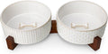 MALACASA Dog Bowl Set with Walnut Wood Stand, 6 Cups Ceramic Pet Bowls for Puppy Dogs, Dual Food and Water Bowls with Weighted Non-Slip Base, Basic Bowls for Your Dog, Rhombic & Polka Dots