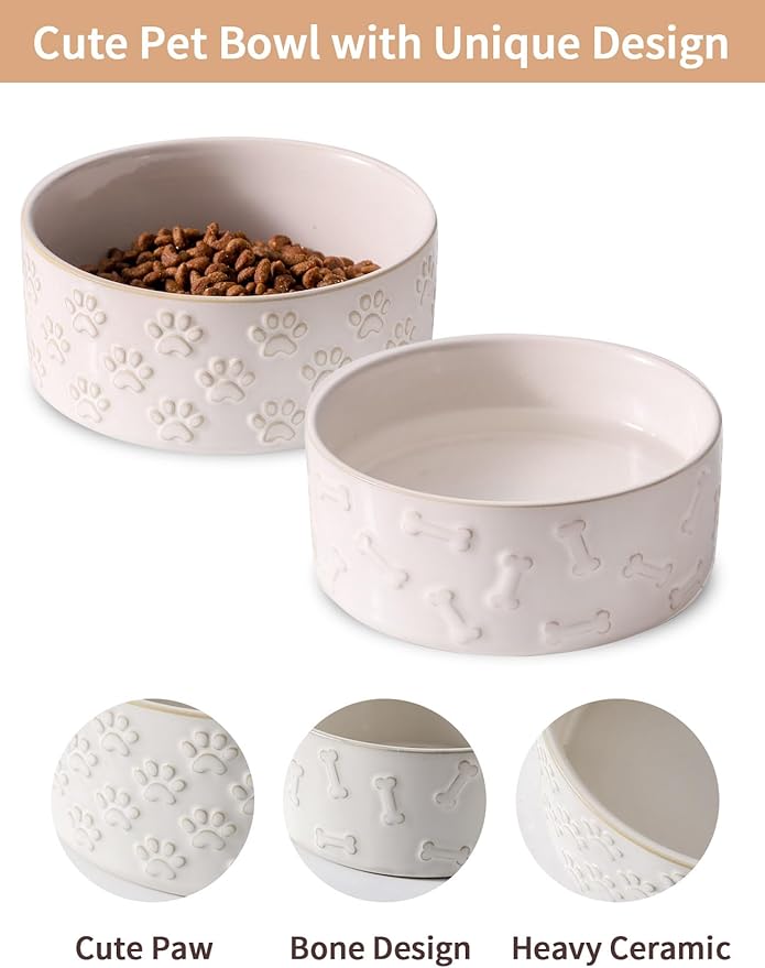 UBEE Ceramic Dog Bowl Set of 2, 5.1 inch Dog Food Bowl, Pet Food Water Dish Feeding for Small Dogs and Large Cat, Bone Pattern, 5.1 in-Small, White