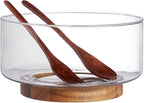 LiTY Glass Salad Bowl Set, 9″ Medium Salad Servers with Acacia Wood Base and Salad Serving Utensils, for Party, Fruits, Popcorn, Chips, Pasta, Kitchen Must-Have