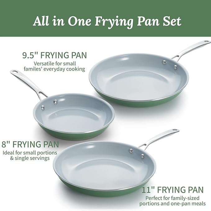 Nonstick Ceramic Frying Pans 8" 9.5" 11" Ceramic Skillets Set with Stainless Steel Handle Omelet Pans Healthy Cooking Chef Pans, PFOA Free, Forest Green