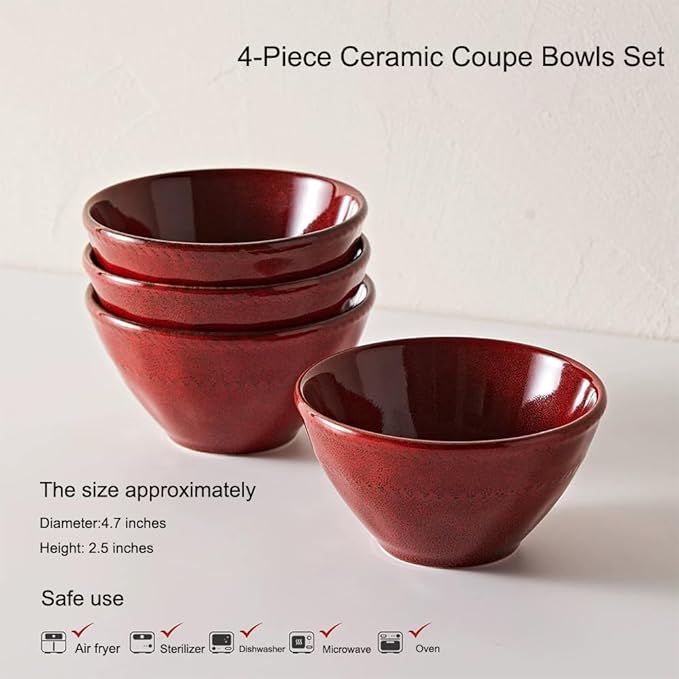 Ceramic Bowls Set of 4-11 OZ Small Bowl Set, Farmhouse Vintage Red Bowls 4.7 Inches Ramekins Bowl for Salad Dessert Yogurt Dipping Ice Cream Fruit Rice- Microwave Dishwasher Safe Retro Red
