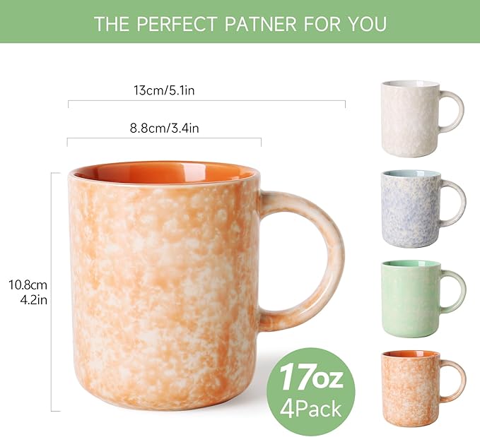 MONITO 17 OZ Coffee Mugs Set of 4, Ceramic Modern Coffee Mugs Set with handle for Tea/Latte/Milk/Cocoa.
