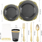 Nervure 175pcs Clear Black Plastic Plates - Gold Plastic Dinnerware Set for 25 Guests include 50 Disposable Plates,75 Gold Silverware,25 Cups,25 Napkins Perfect for Party&Independence Day