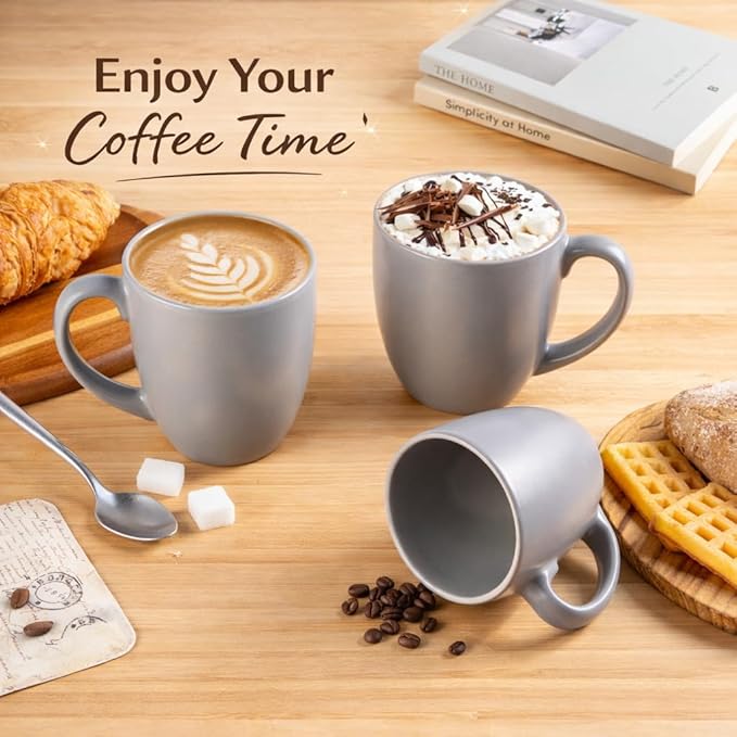 GBhome 12oz Coffee Mugs Set of 6, Large Ceramic Coffee Mugs for Man, Woman, Dad, Mom, Modern Coffee Mugs Set with handle for Tea/Latte/Cappuccino/Milk/Cocoa. Dishwasher&Microwave Safe,Matte Grey