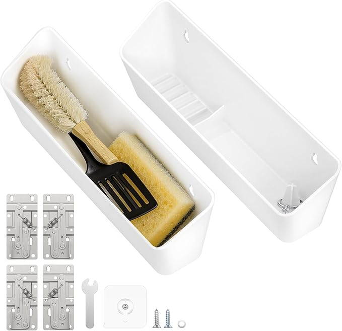 Furniware 1 Pair Tip-Out Tray 11 inch with 4 Hinges, Standard Sink Tip Out Tray for Sink-Front Drawer,White Mountable Tray for Under Sink Base Vanity Laundry Room Cabinet