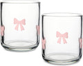 Skylety 2 Pack Bow Icon Juice Glasses, 14 oz Stemless Glass Cups, Coquette Pink Bow Juice Cocktail Wine Coffee Drinking Cups for Gift Engagement Wedding Anniversary Valentines Present Party Supplies