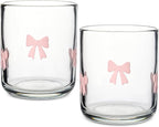 Skylety 2 Pack Bow Icon Juice Glasses, 14 oz Stemless Glass Cups, Coquette Pink Bow Juice Cocktail Wine Coffee Drinking Cups for Gift Engagement Wedding Anniversary Valentines Present Party Supplies