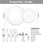 Bestluck 350PCS Clear Plastic Plates with Silver Trim for 50 Guests, Disposable Dinnerware Set for Party & Wedding, Includes 100 Plastic Plates, 50 Pre Rolled Napkins with Silver Silverware, 50 Cups
