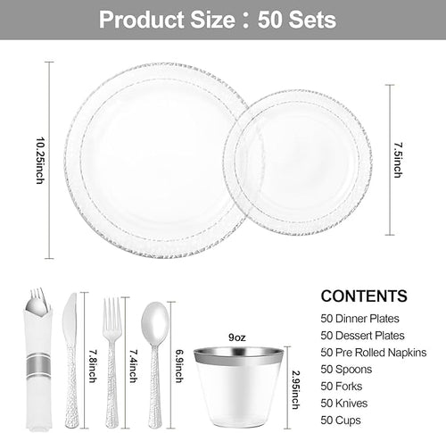 Bestluck 350PCS Clear Plastic Plates with Silver Trim for 50 Guests, Disposable Dinnerware Set for Party & Wedding, Includes 100 Plastic Plates, 50 Pre Rolled Napkins with Silver Silverware, 50 Cups