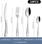 Gold Silverware Set, Caliamary 24 Pieces Flatware Set with Silverware Holder, Stainless Steel Knives and Forks and Spoons Cutlery Set Service for 6, Kitchen Utensil Tableware Set with Antiskid Handle