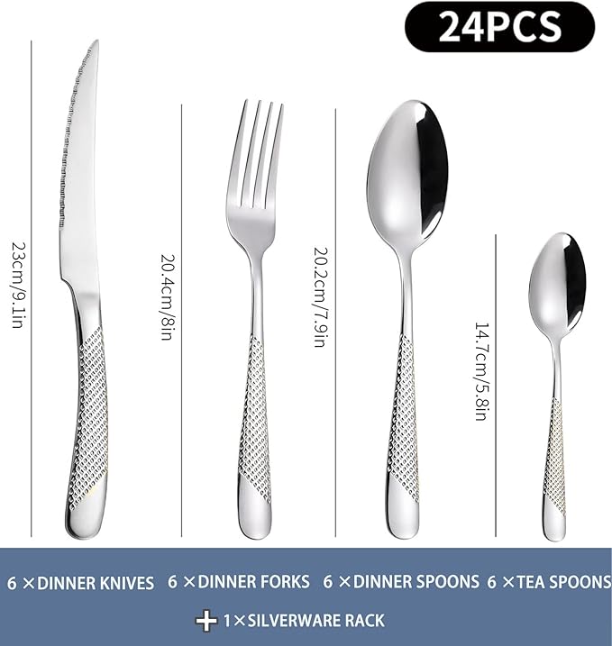 Gold Silverware Set, Caliamary 24 Pieces Flatware Set with Silverware Holder, Stainless Steel Knives and Forks and Spoons Cutlery Set Service for 6, Kitchen Utensil Tableware Set with Antiskid Handle