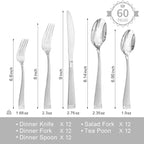 KINGSTONE Silverware Set, 60-Piece Flatware Set for 12, 18/10 Stainless Steel Cutlery Set with Bead Edge, Utensil for Kitchen, Home, Party, Wedding, Mirror Polished, Dishwasher Safe, Featured Gifts