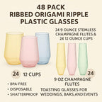 Oojami 48 Pack Ribbed Origami Ripple Plastic Glasses, 24 Stemless 9oz Champagne Flutes & 24 12oz Wine Cups – BPA-Free Disposable Shatterproof Drinkware for Weddings, Parties, Bars & Events (Clear)