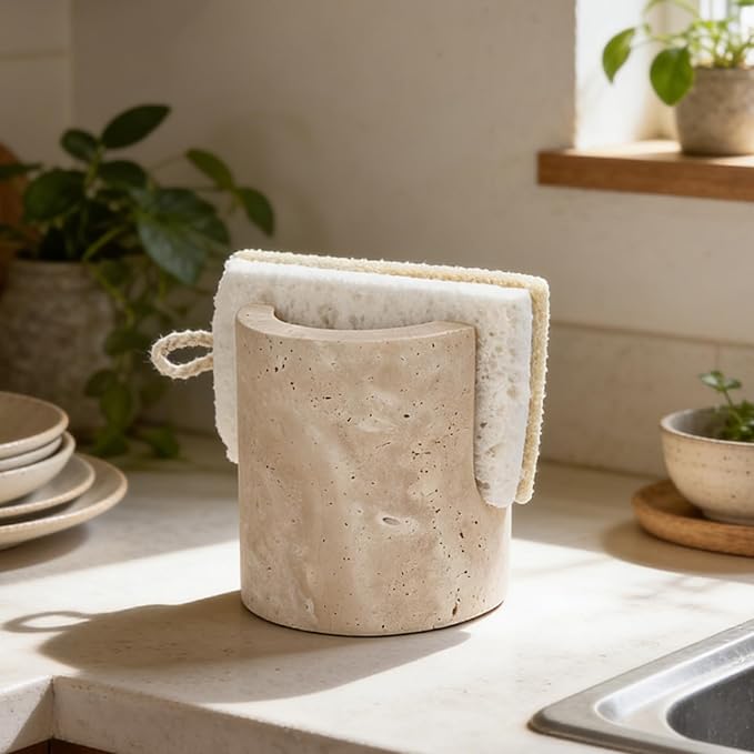 Natural Travertine Sponge Holder for Kitchen Sink Counter w A Plant-Based Kitchen Sponge, Fast Drying, Durable, Compact, Wabi-Sabi & Unique Sponge Caddy, Sink Organizer, Beige Travertine Decor