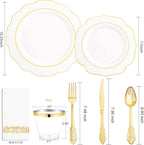 NOCCUR 175PCS Gold Plastic Plates with Disposable Silverware - White Gold Plastic Tableware Include 25 Dinner /25 Dessert Plates, 75 Cutlery, 25 Cups, 25 Napkins - Ideal for Party/Wedding