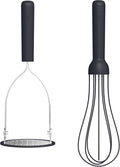 bella 2 Piece Compact Masher and Whisk Set, Fold Flat, Stainless steel and silicone, Foldable Masher, Ballon Whisk, Flat Whisk, Non-stick, Nonslip, Heat safe to 425°F, Slate