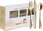 N9R 300PCS Gold Plastic Silverware, Heavy Duty Gold Plastic Cutlery Set Disposable Flatware Dinnerware, 100 Forks, 100 Spoons, 100 Knives, Perfect for Party, Wedding and Daily Use