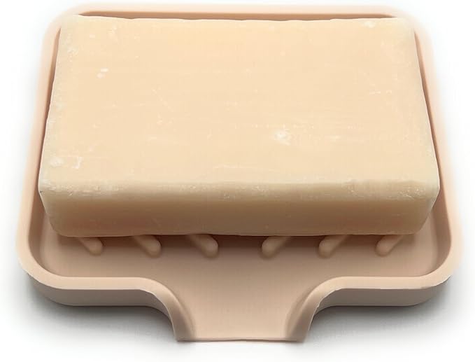 Happitasa Silicone Soap Dish Tray and Sponge Holder with Drain Chute and Feet | 3-Way Sloped Design | Bathroom and Kitchen Sink Organizer Caddy (Sand Dollar, 5"x4", 3.5 Ounces)