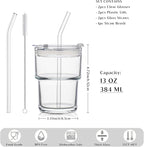 INSETLAN 13oz Portable Glass Tumblers Set of 2, Thick Wall Glass Cups with Lid and Glass Straw, On-the-Go Coffee Cups for Iced Coffee, Tea, Milk, Hot & Cold Drinks, Travel & Daily Use