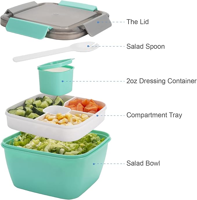 Freshmage 52-oz Lunch Container To Go - Salad Bowl With 3 Compartments and Dressing Container for Toppings, Snacks - for Men, Women (Green)