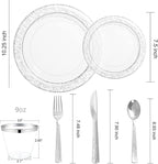 Ciaell 150PCS Clear Silver Plastic Plates - Silver Disposable Plates include 25Dinner Plate, 25Dessert Plate, 25Forks, 25Knives, 25Spoons, 25Cups for Weddings & Parties