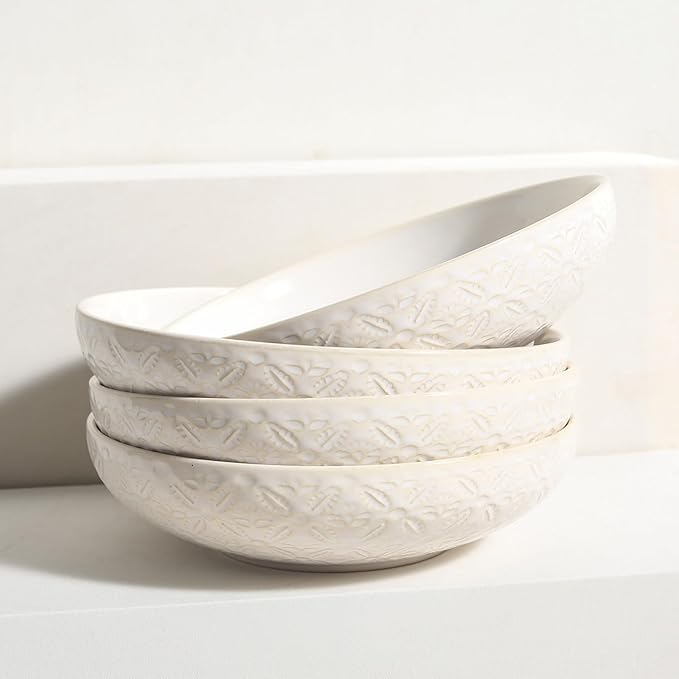 22 Oz Pasta Bowls Set of 4, Large Ceramic Serving Bowls, 8 inch Porcelain Embossed Bowl for Salad, Soup, Fruit, Rice, Desserts, Ramen, Housewarming Present, Kitchen Decor, Dishwasher Safe