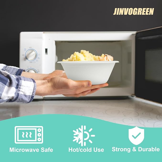 JINVOGREEN 100 Count 12 oz Paper Bowls, Disposable Compostable Bowls, Heavy Duty Biodegradable Bagasse Bowl for Snacks, Soup, and Salads, White