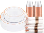 DaYammi 210PCS Rose Gold Plastic Dinnerware Set for 30 Guests, Mother's Day Plates for Party, Include: 30 Dinner Plates, 30 Dessert Platos, 30 Pre Rolled Napkins with Rose Gold Silverware, 30 Cups