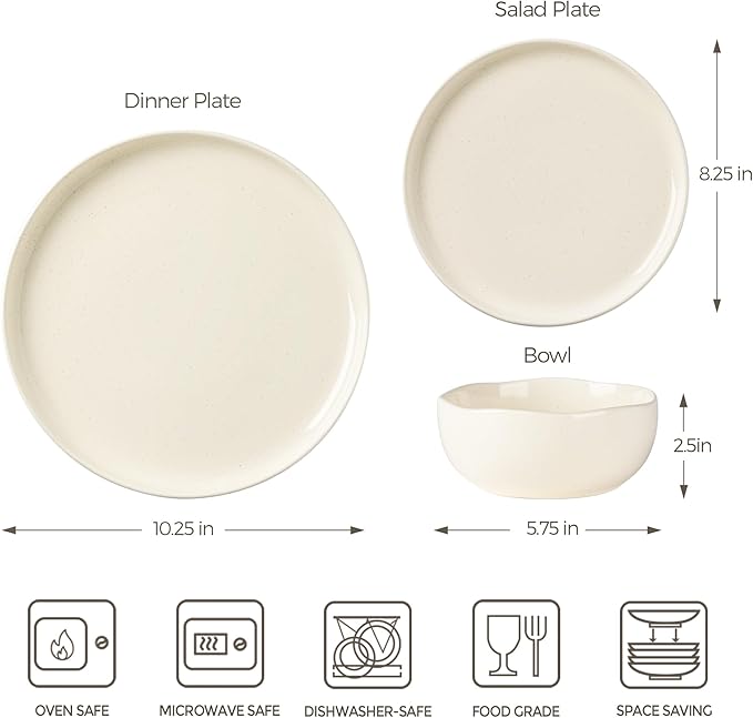 TheTerra Ceramic Dinnerware Sets for 4, 12 Pieces Porcelain Lightweight Plates and Bowls Sets, Scratch Resistant Dish Set, Oven & Microwave & Dishwasher Safe, Ivory Speckled