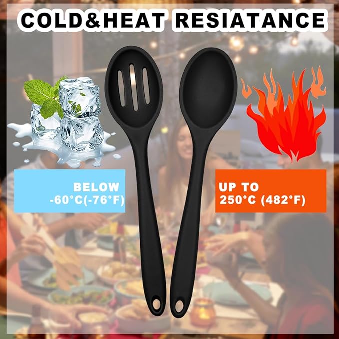 ELANE 8 Pcs Silicone Cooking Spoons Set,Mixing Spoons for Cooking Spoons for Nonstick Cookware Silicone Serving Spoons,Mixing Spoons for Cooking(Black)