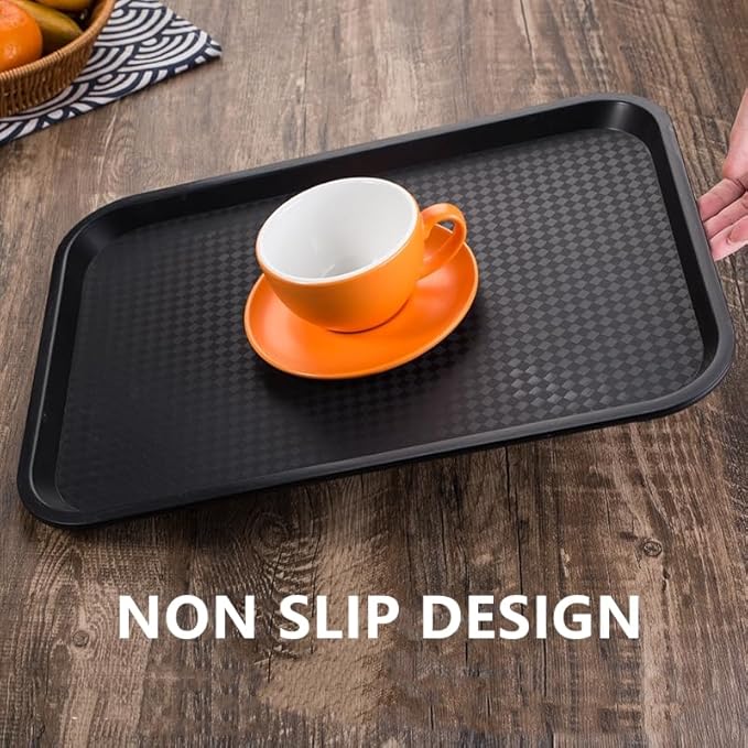 12 Pack Cafeteria Trays, 13 x 10 Inch Plastic Fast Food Serving Trays, Restaurant Black Stackable Serving Platter for Kitchen, Party, Dining